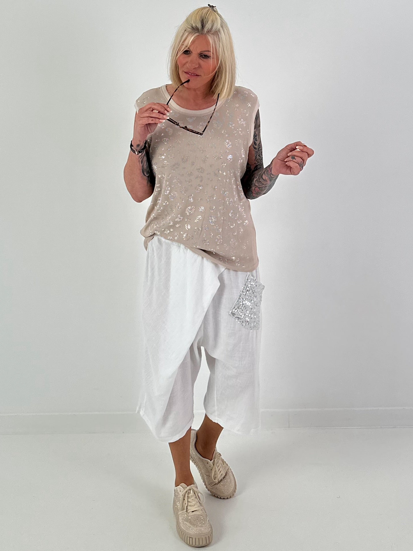 Ripp Top mit Glitzer Leo - beige