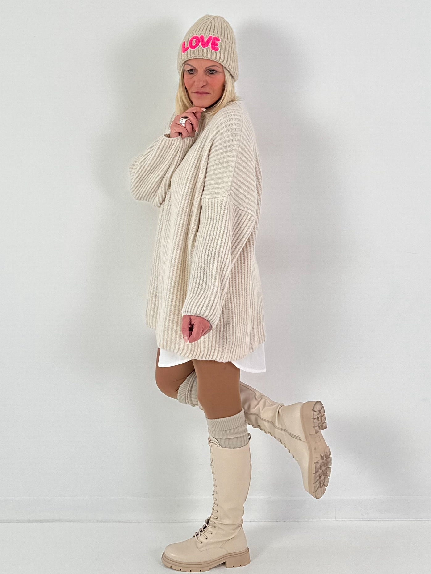 Long sweater model "Rib Relaxe" - beige