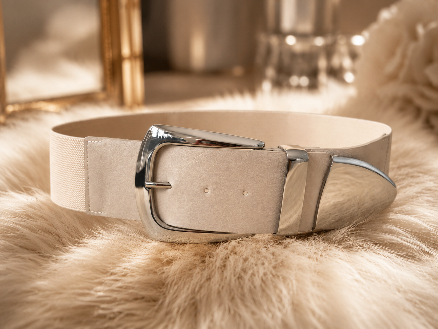 Stretch belt with silver buckle - beige