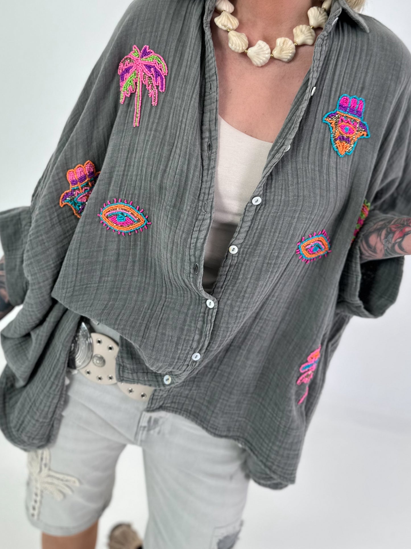 Oversized Muslin Blouse with Colorful Bead Embroidery - Anthracite