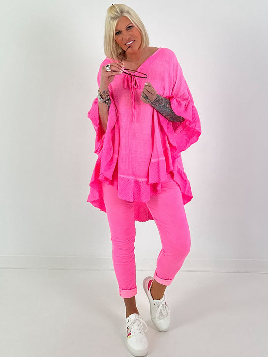Muslin Tunic with Ruffles - neon pink