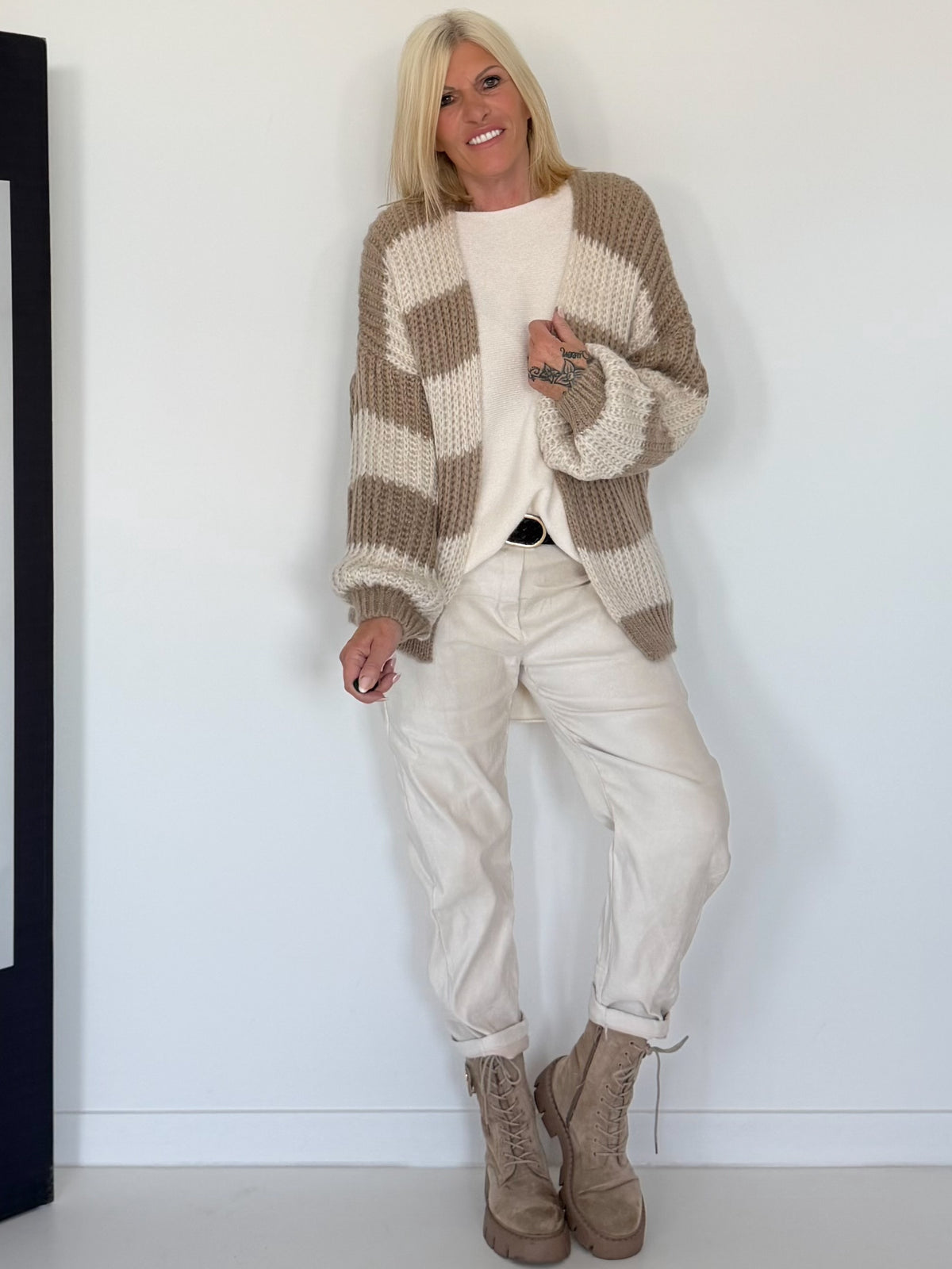Strickjacke mit Blockstreifen - beige-taupe
