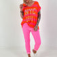 Knitted sweater with short sleeves NYC - neon orange-neon pink