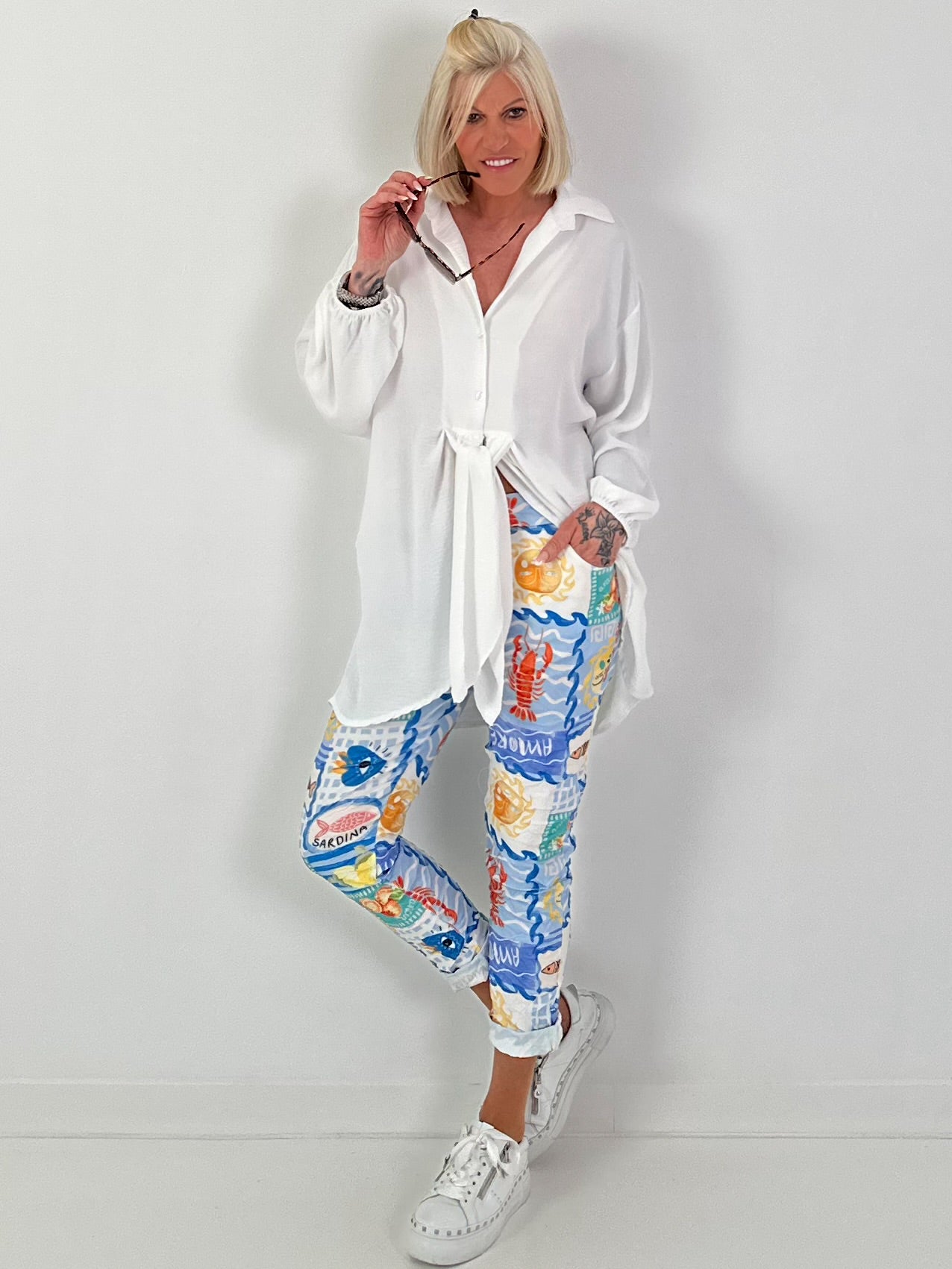 Lange blouse met strikband - wit