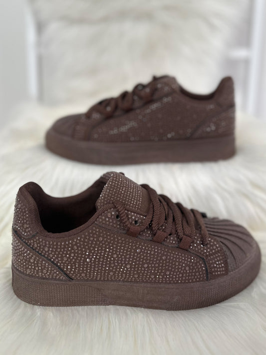 Sneakers with rhinestone trim - brown