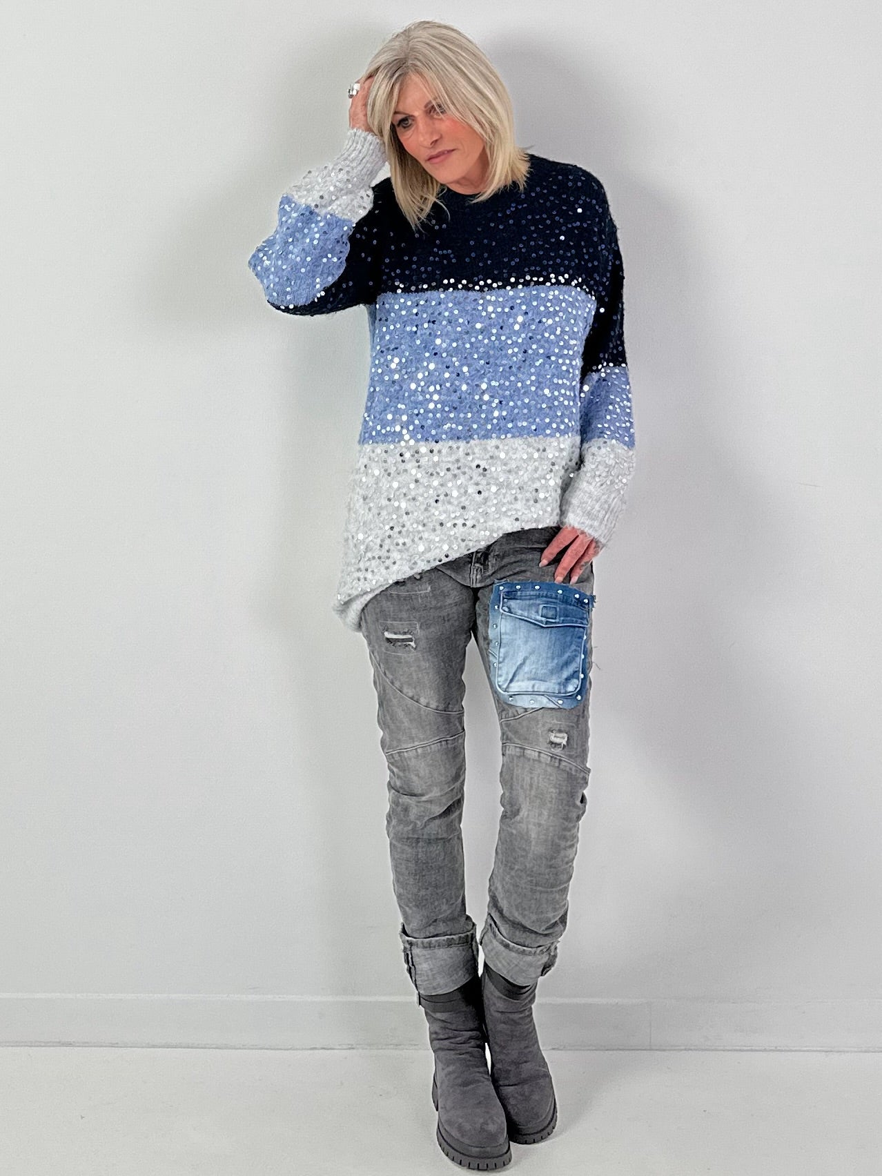 Long pullover model "Block Spark" - blue-multicolour
