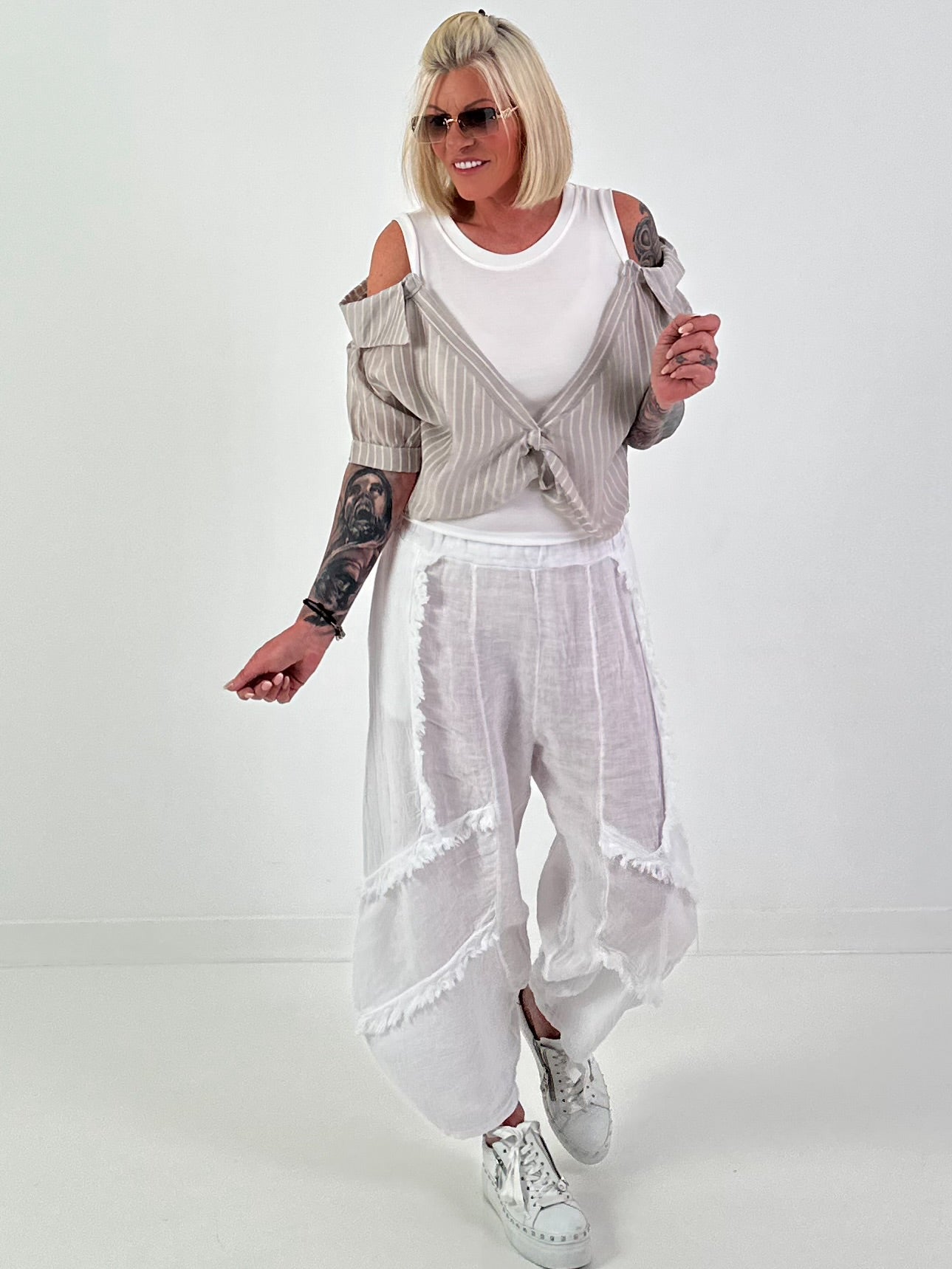 Rib Top with Blouse Layering - white-beige