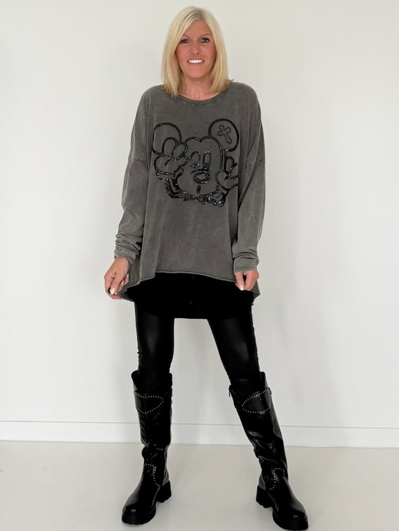 Oversized Shirt mit Paillettenprint - stone-washed-schwarz