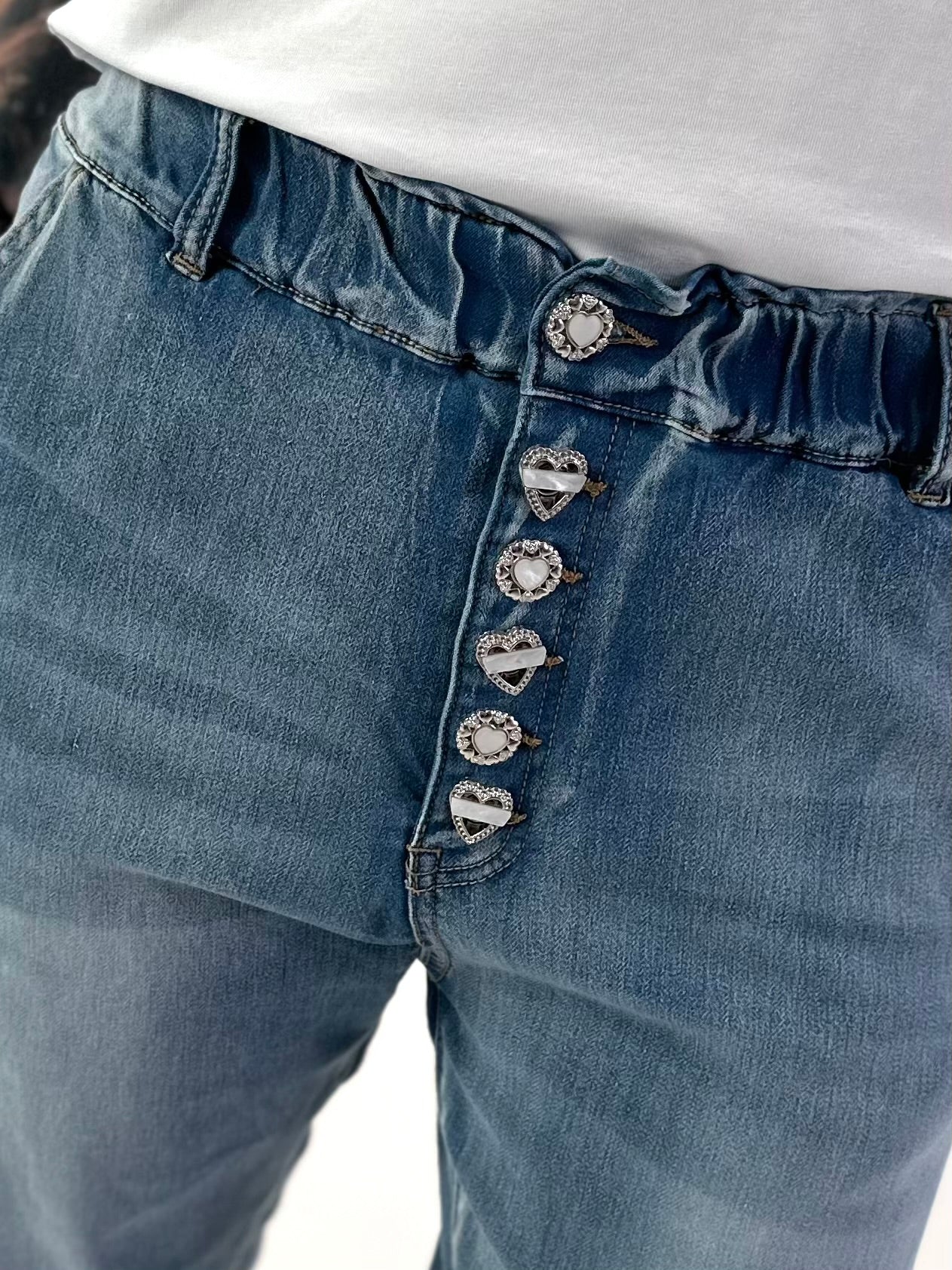 Boyfriend Jeans with Decorative Buttons - Blue