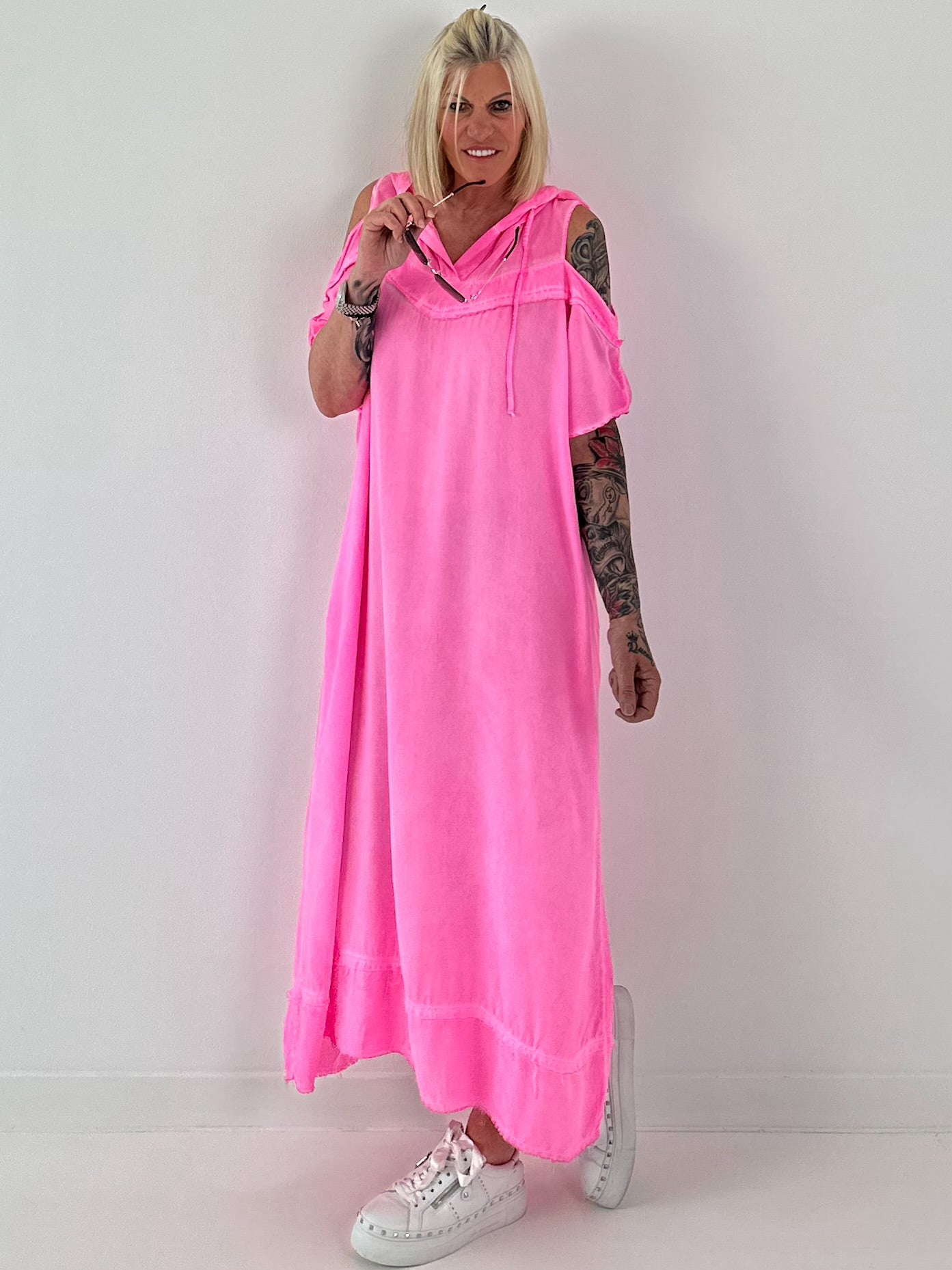Neon pink cold shoulder hoodie dress