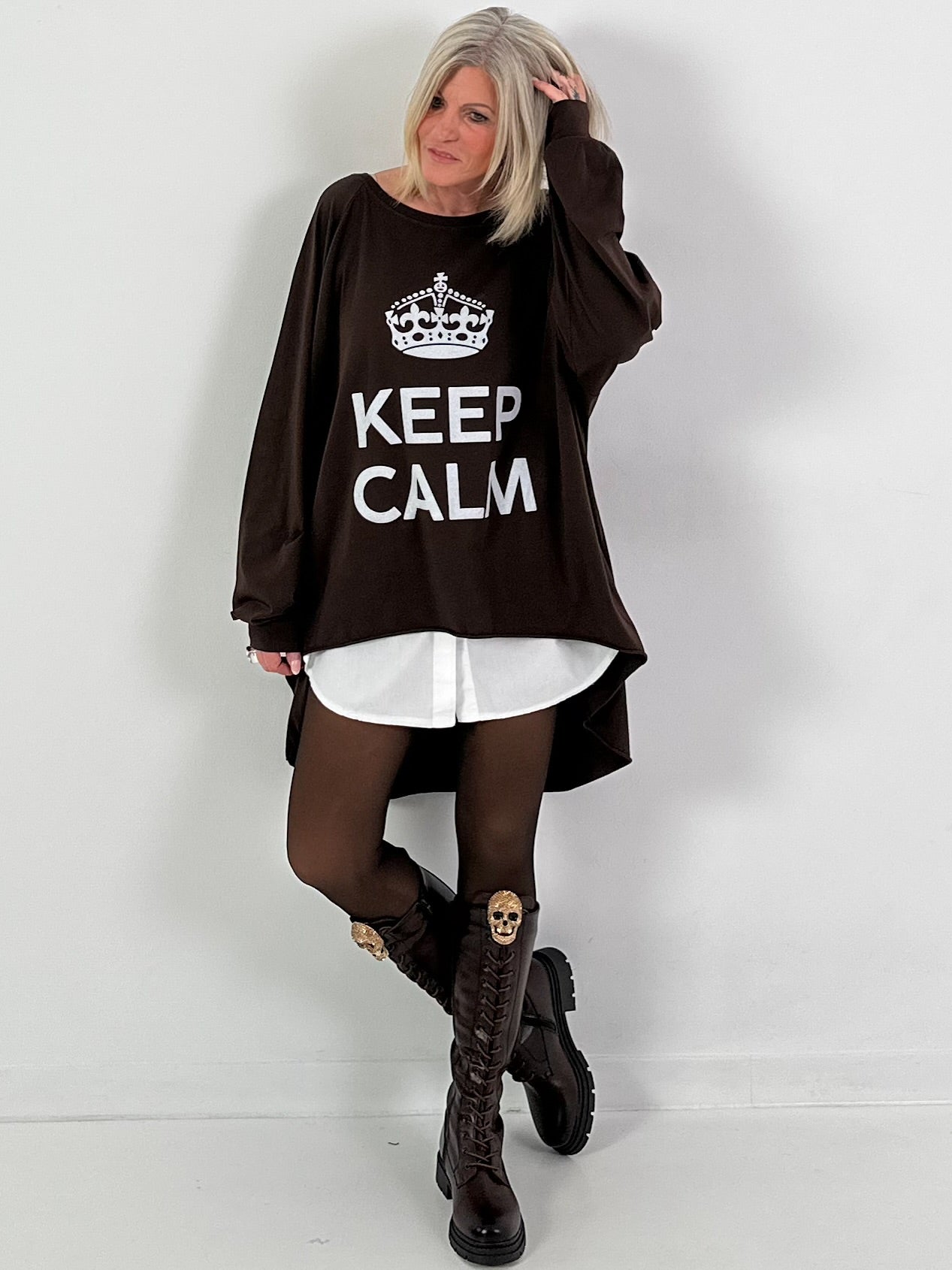 Oversized shirt model "KEEP CALM" - coffee