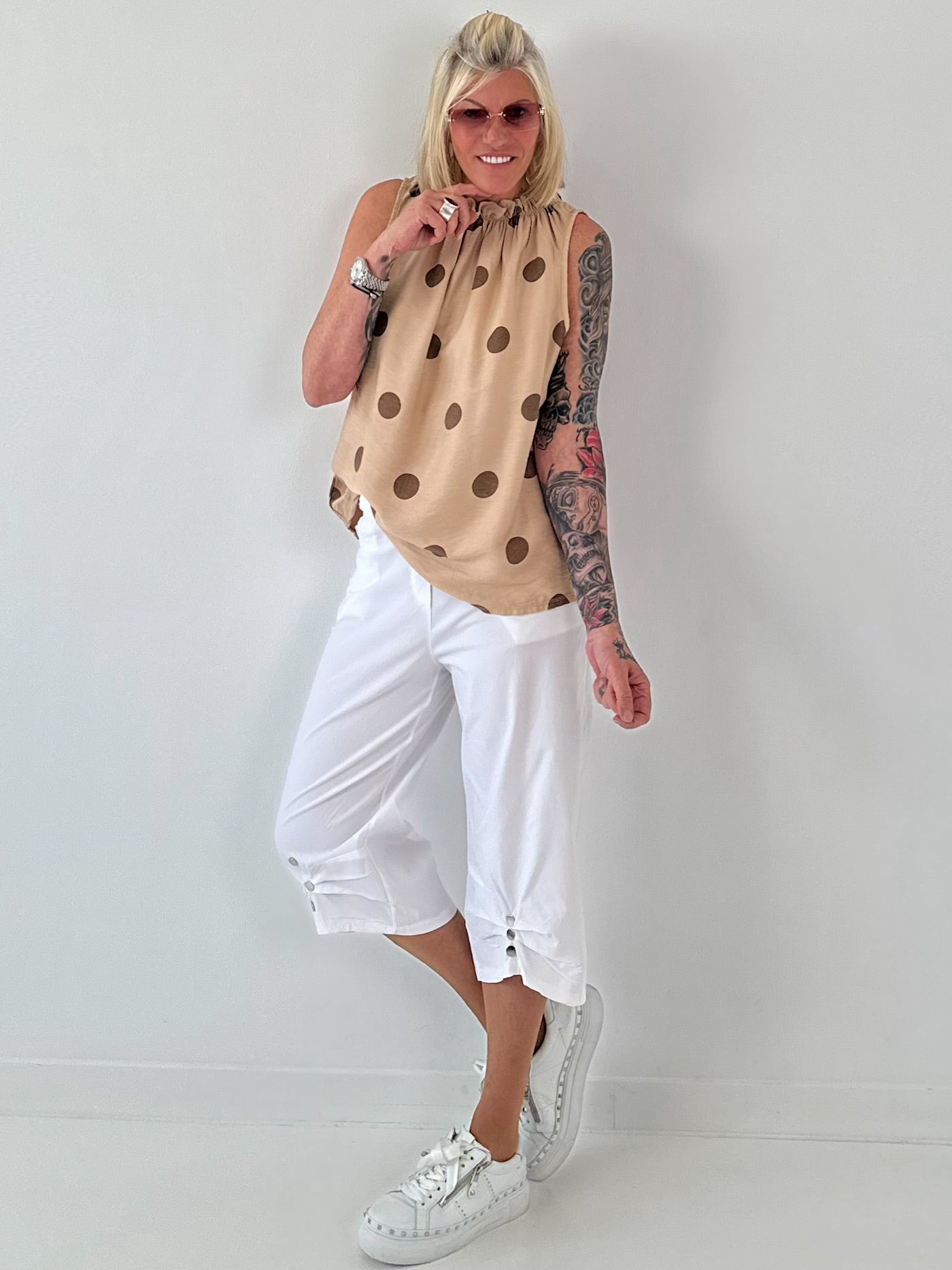 Striped top with ruffled collar - taupe-dark brown