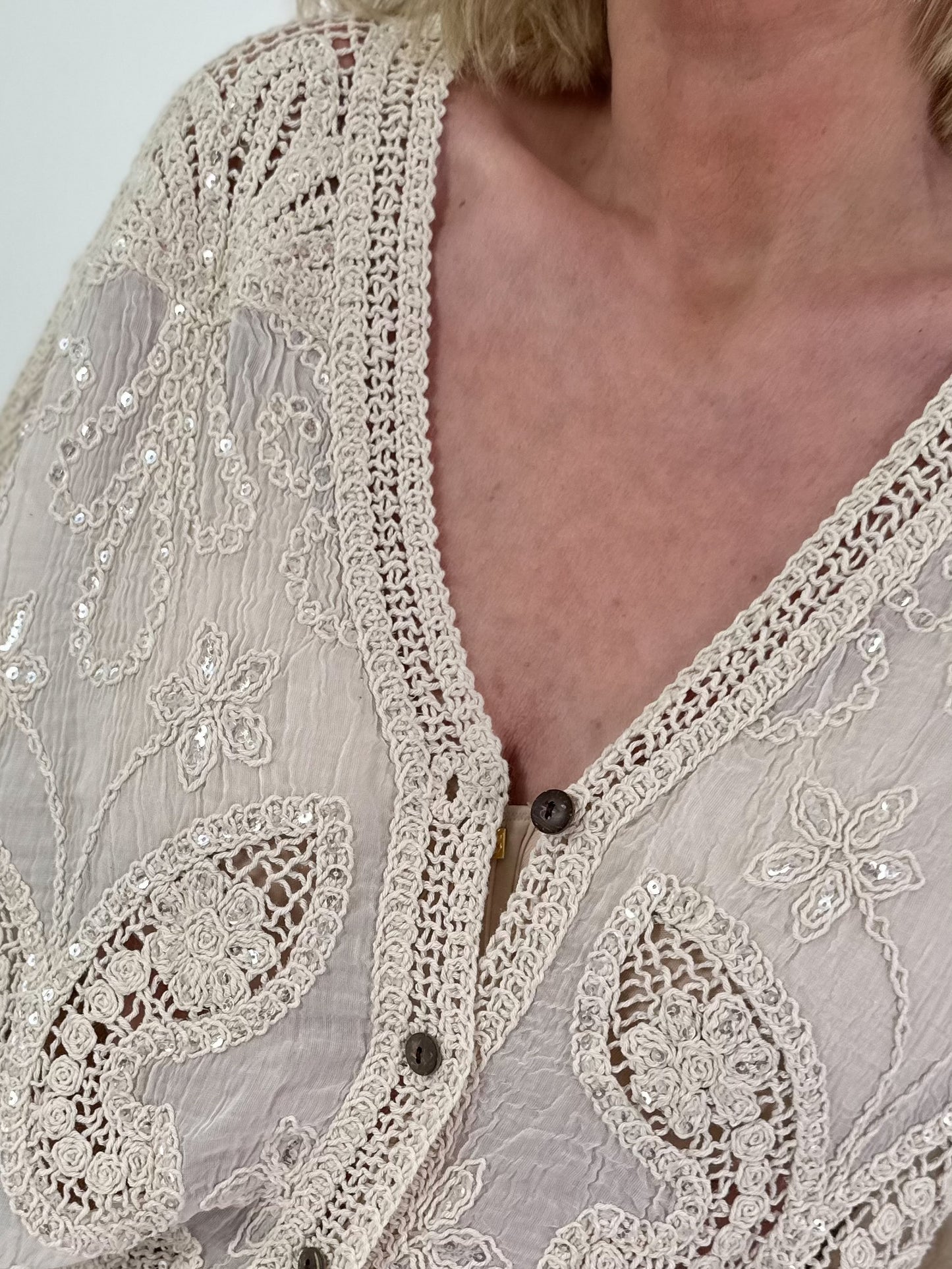 Boho blouse with elaborate crochet inserts - beige