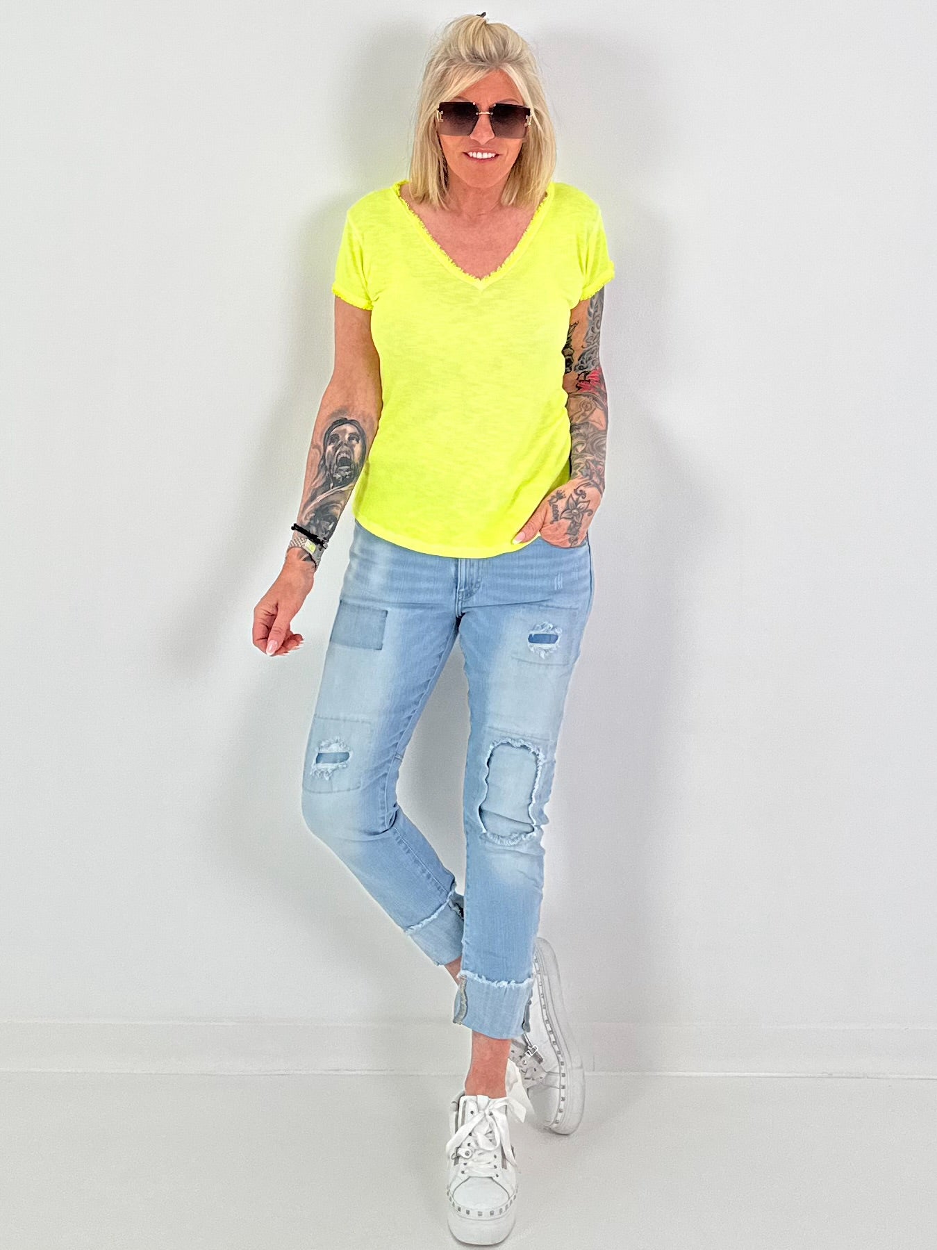 Ripp T-Shirt mit Fransen - neongelb