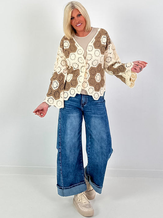 Häkeljacke mit Kontrastmuster - creme-taupe