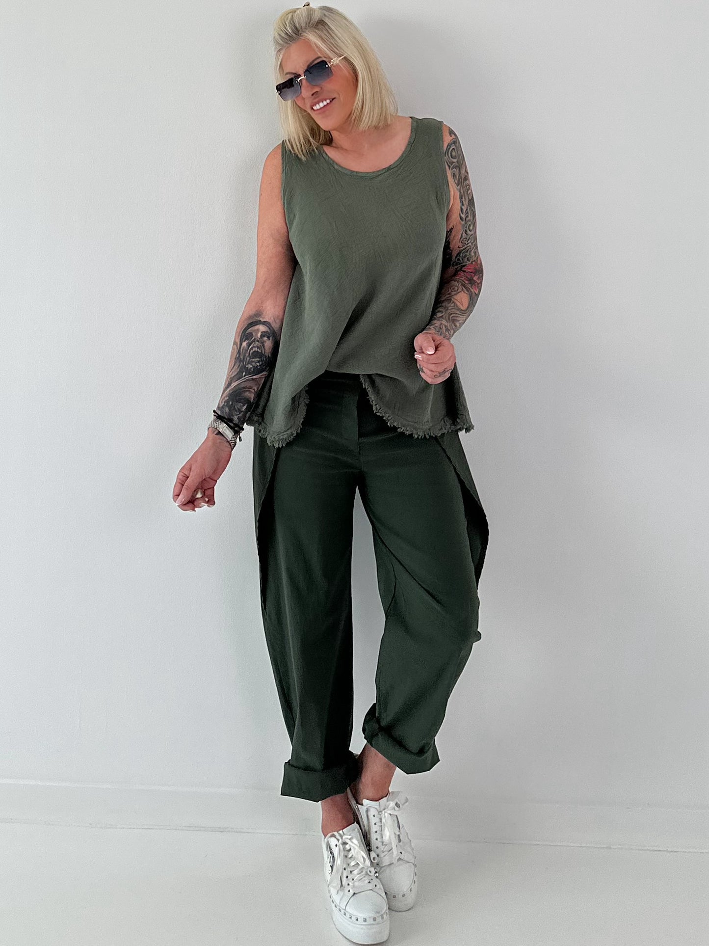 Grobes Leinen/Baumwoll Top - oliv