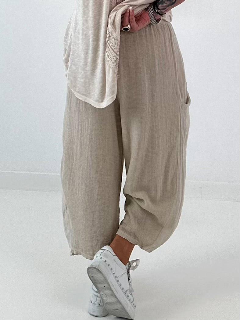 Balloon Linen Trousers with Fringe Details - taupe