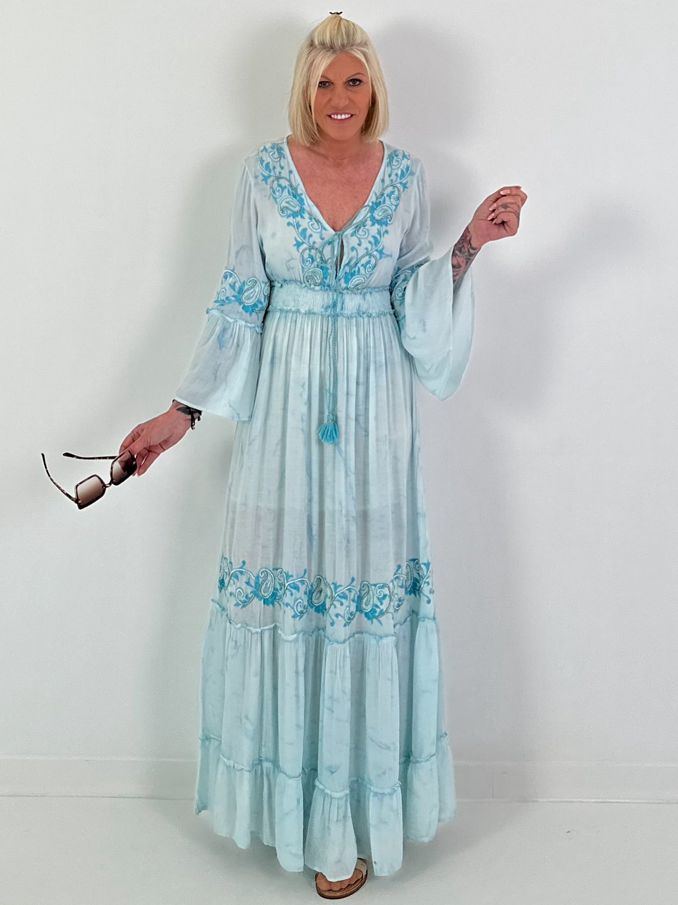 Boho/Ibiza dress with decorative V-neck - light blue