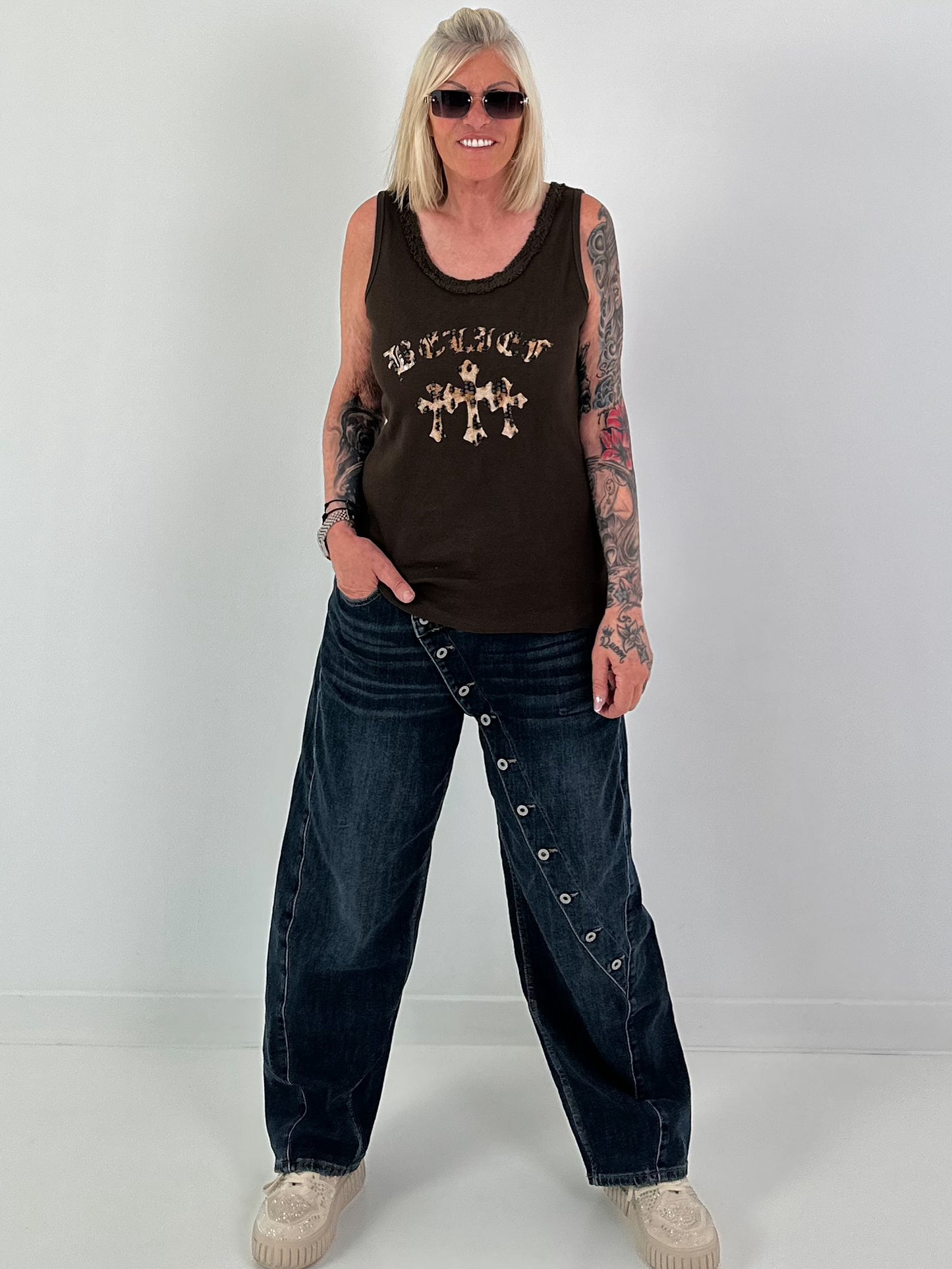 Ripp Tank Top mit Print  - mokka
