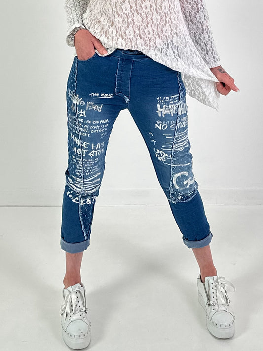 Jeans mit vielen Details - dunkelblau-used