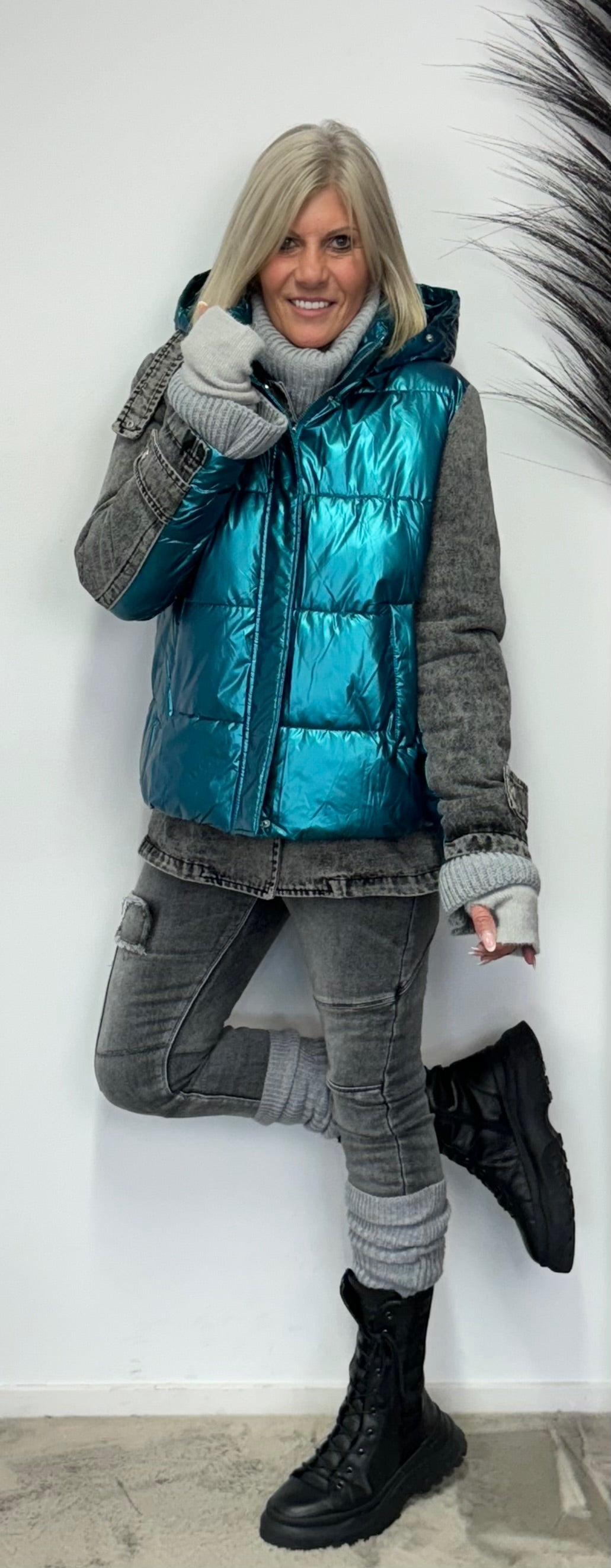 denim jacket with quilted vest - silver-grey