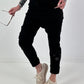 Baggy/Boyfriend Hose mit seitlichen Häkelblumen - schwarz