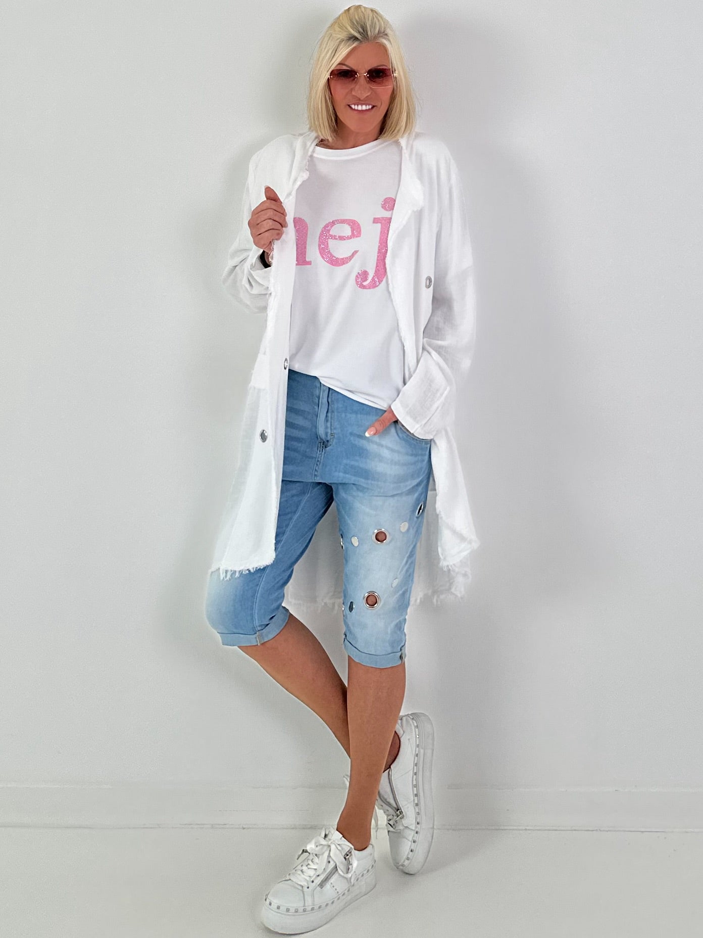 Linen Short Coat with Eyelets - white