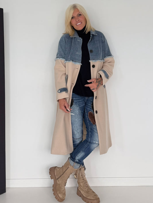 Mantel mit Denim-Einsätzen - denim-beige