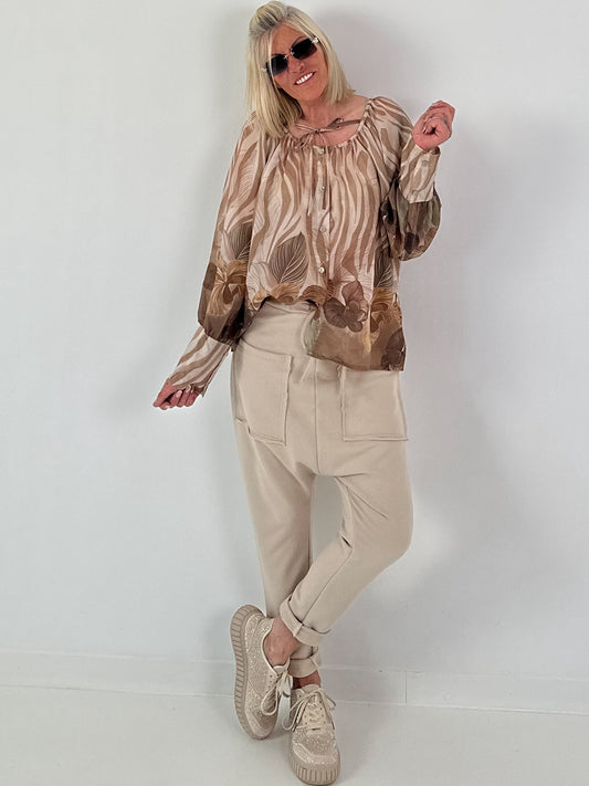 Blouse with long cuffs - cream-beige-multicolored