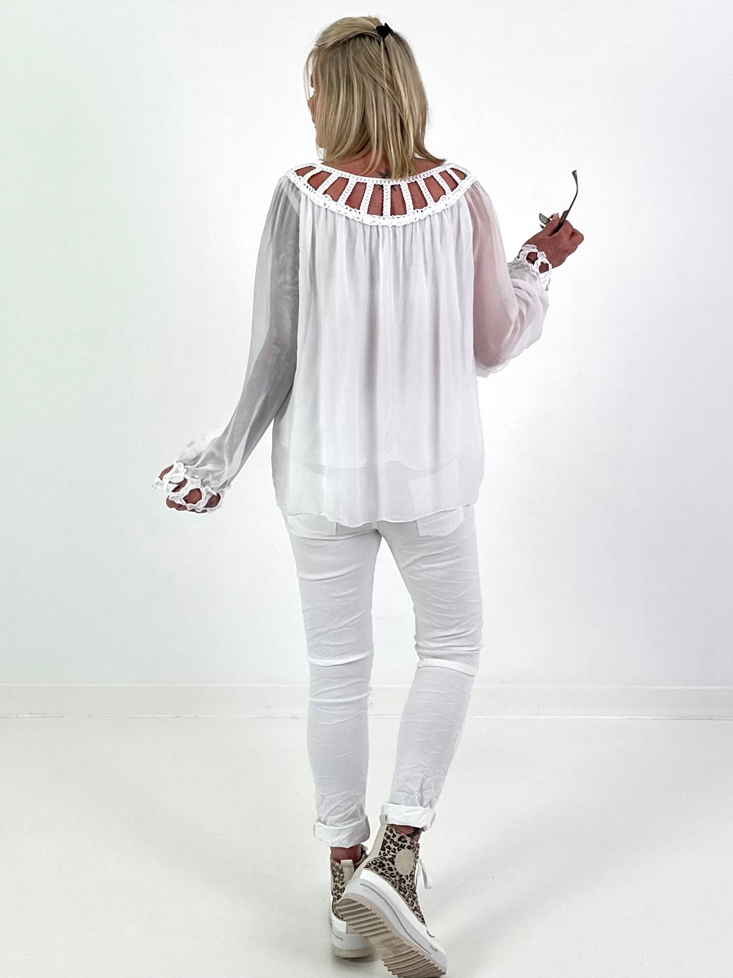 Silk Tunic with Crocheted Neckline - White