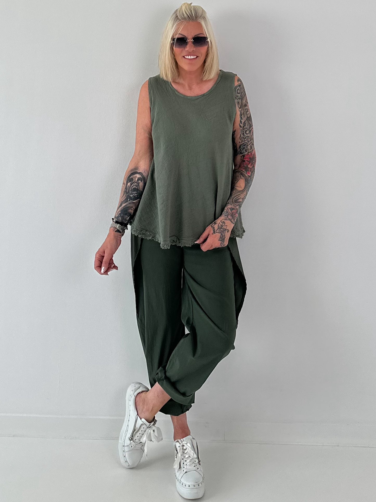 Grobes Leinen/Baumwoll Top - oliv