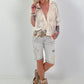 Boho blouse with short sleeves and crochet appliqués - beige
