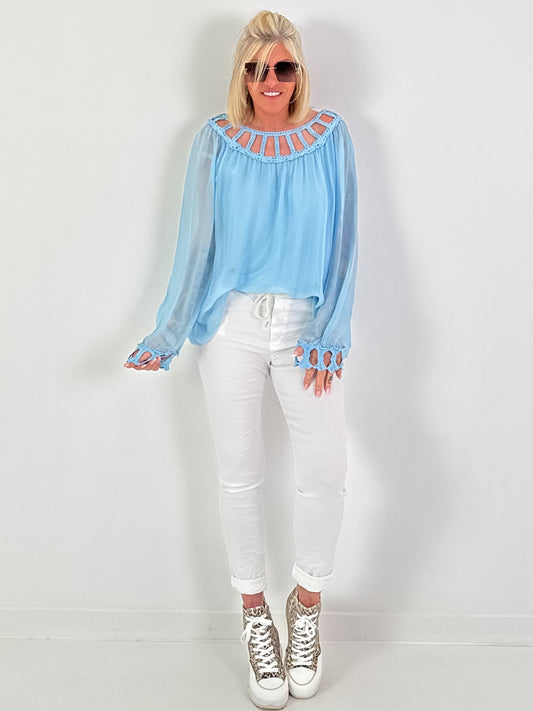 Silk tunic with crocheted neckline - light blue