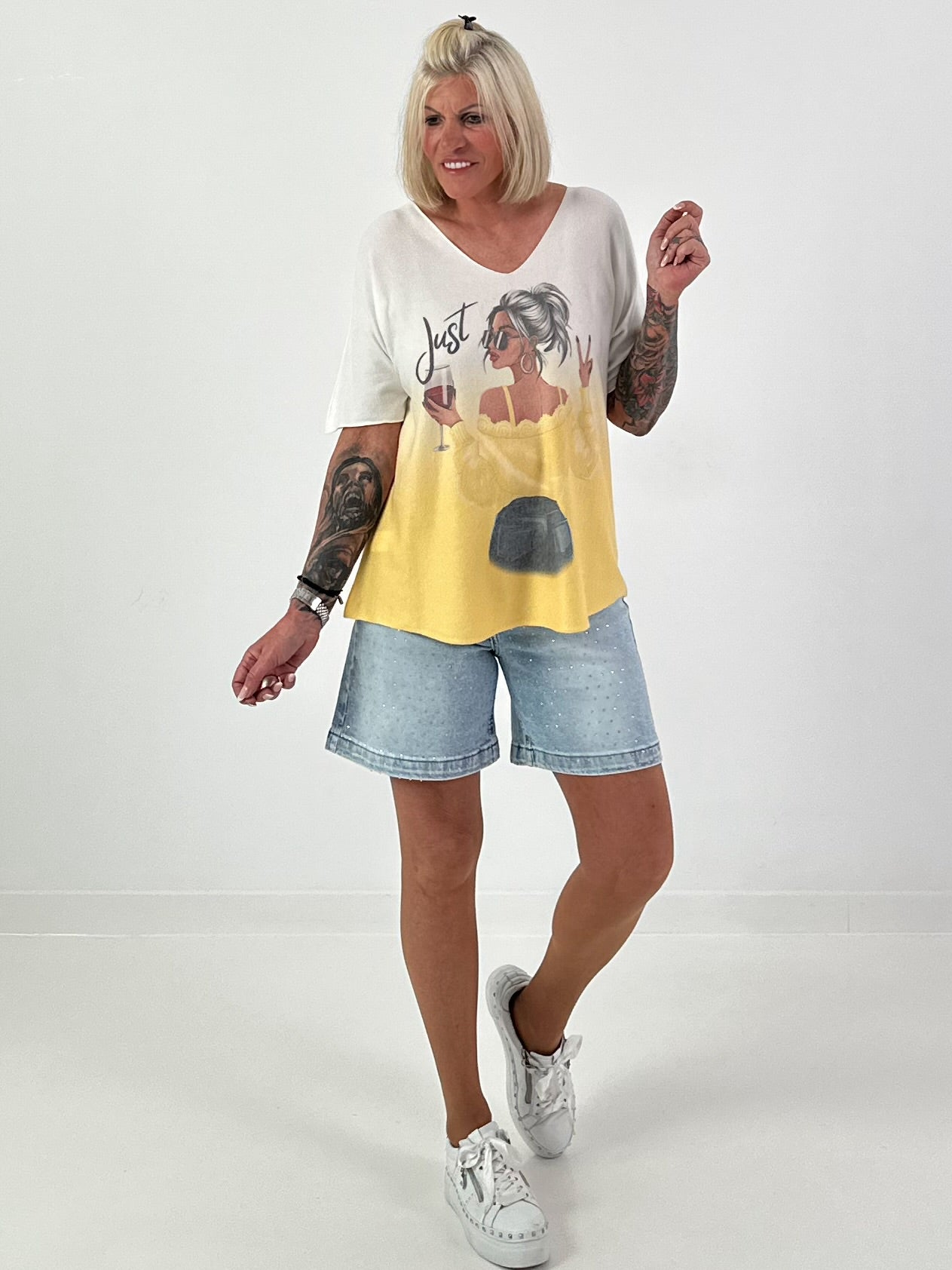 Fine knit T-shirt with print - white-yellow