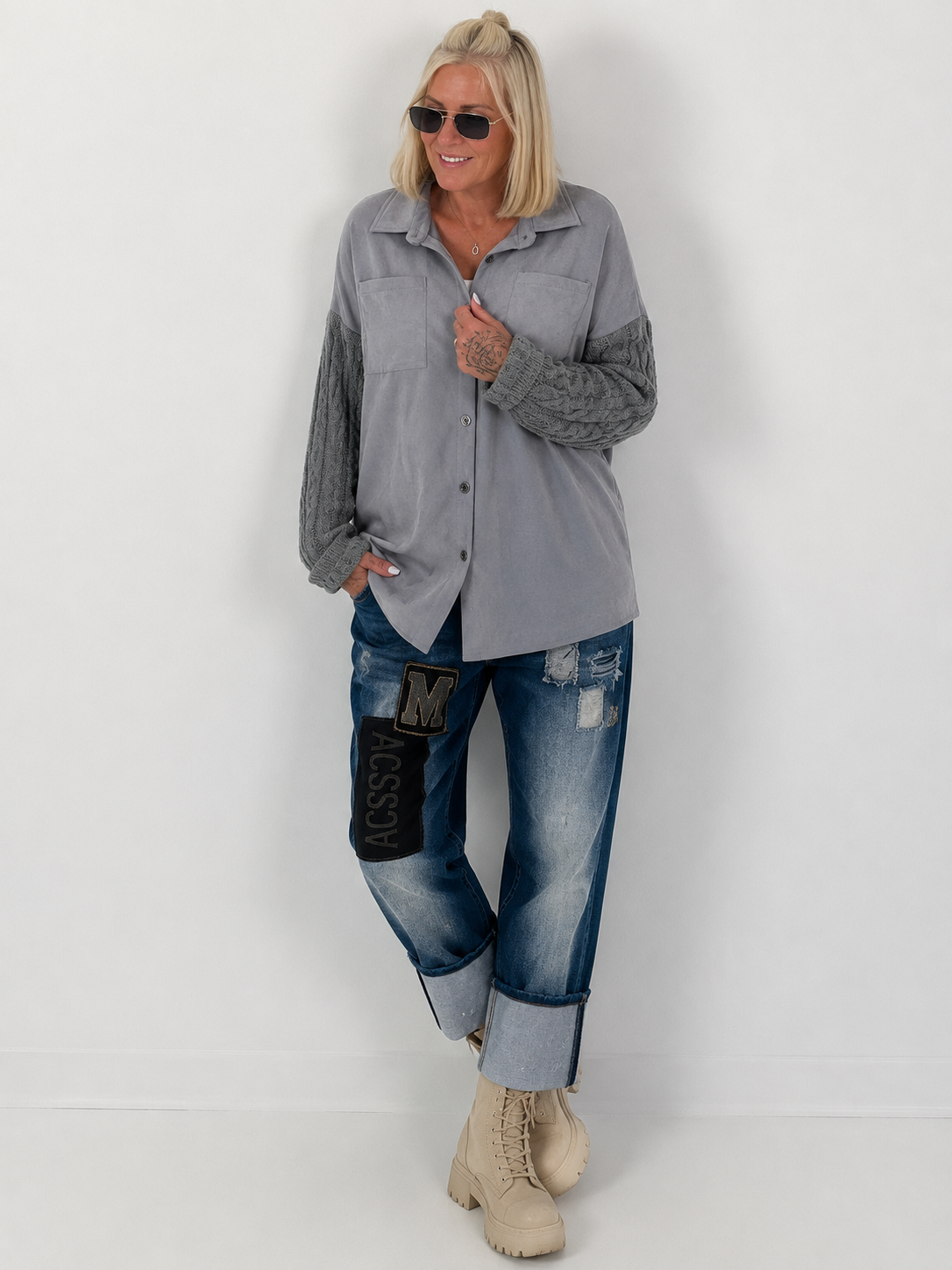 Lässiges Wildleder-Optik Hemd mit Strickarm - grau