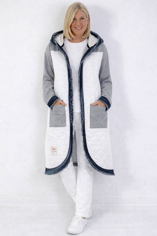 Sweatmantel mit Kapuze und Steppfront - grau-weiss