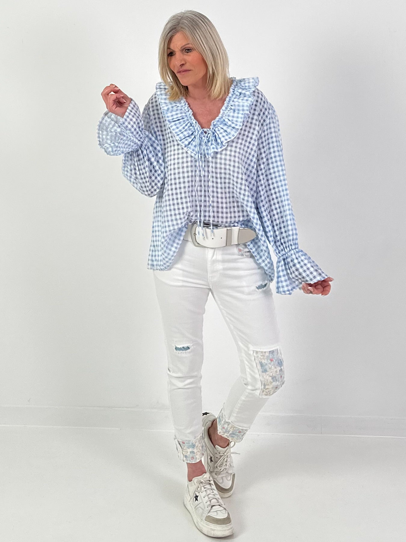Oversized Tunika mit Vichy Muster - hellblau-weiss