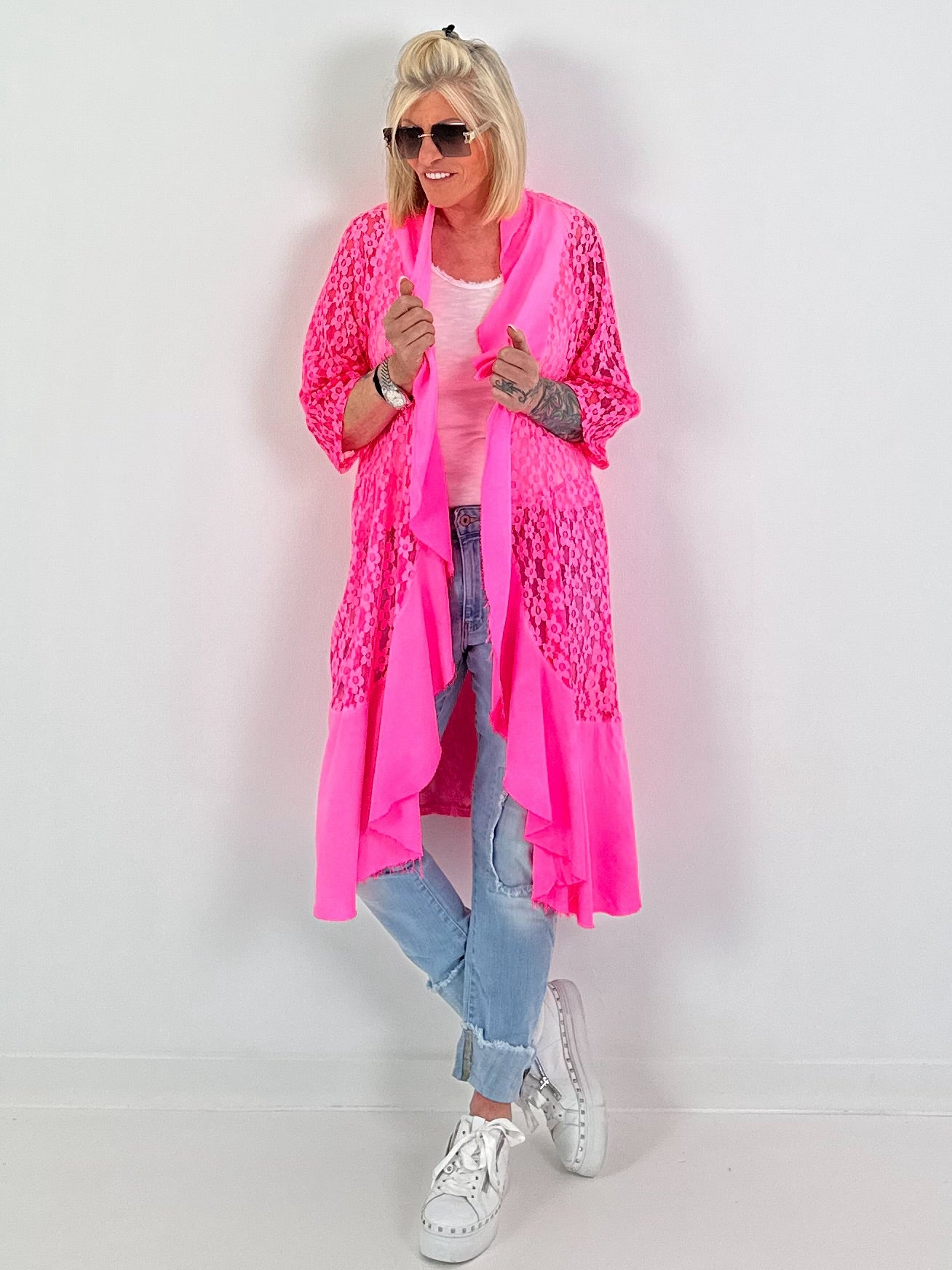 Lace coat in a material mix - neon pink