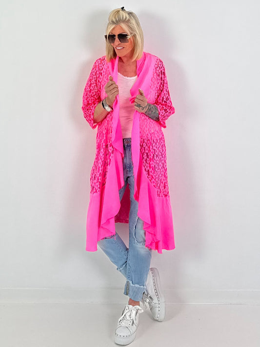 Spitzenmantel im Materialmix - neonpink