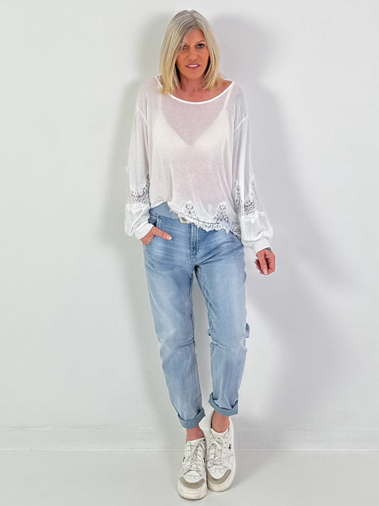 Pullover mit Spitzeneinsätzen - weiss