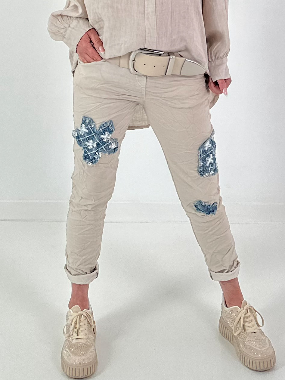 Trousers with denim and sequin details - beige