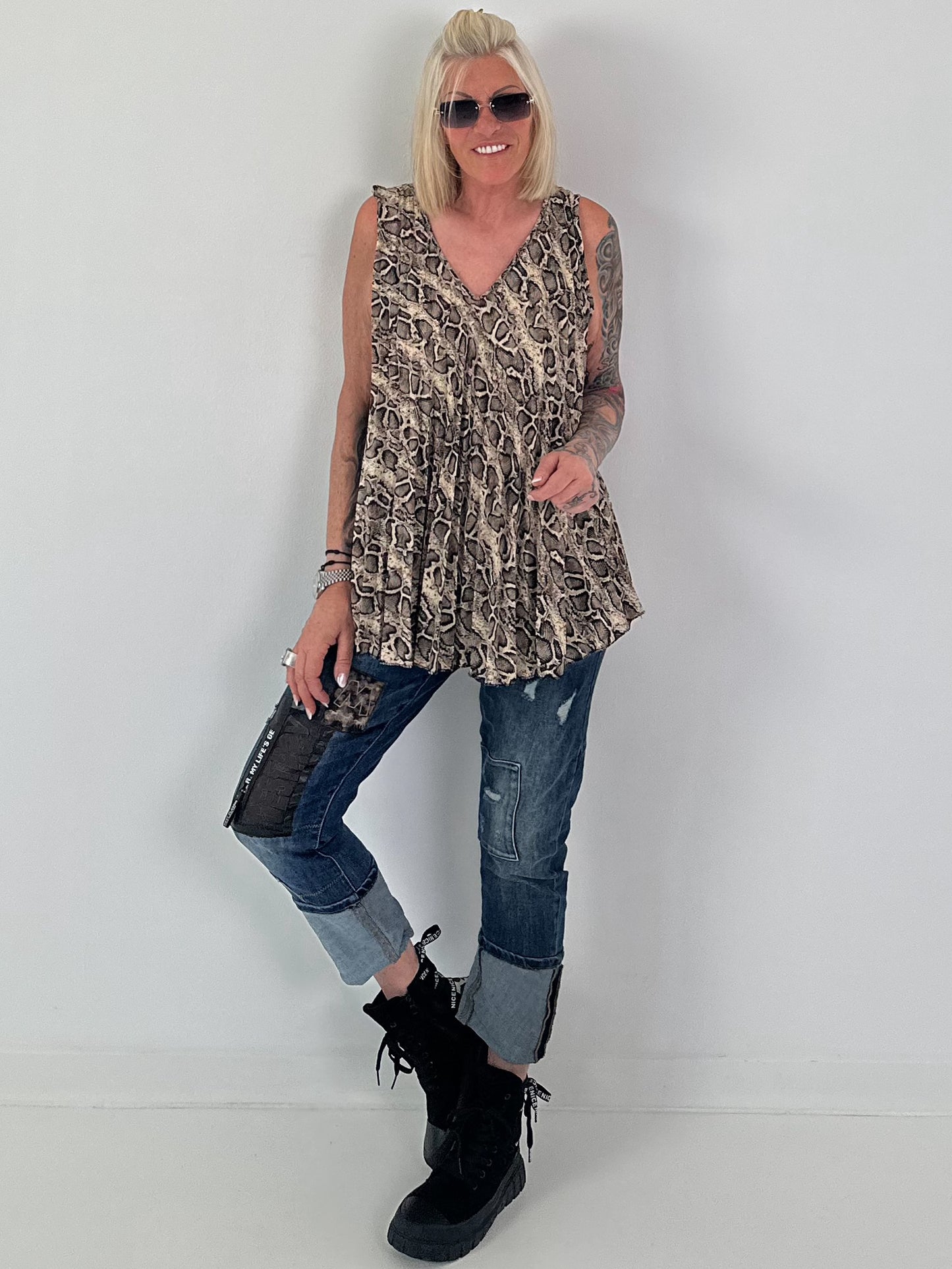 Plissee Long Top mit Animal-Print - beige-mehrfarbig
