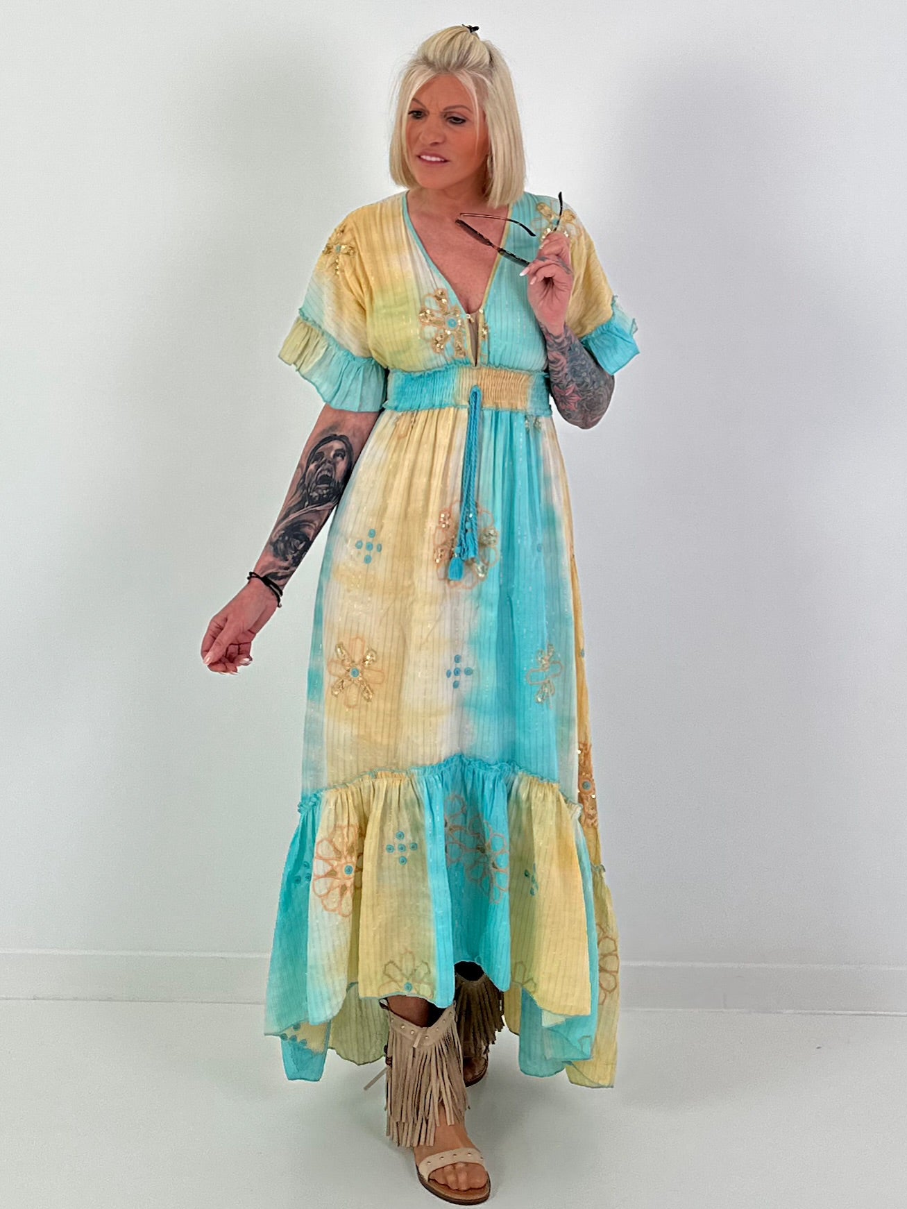 Ibiza Dress with Sequins and Ruffles - turquoise-yellow-multicolored