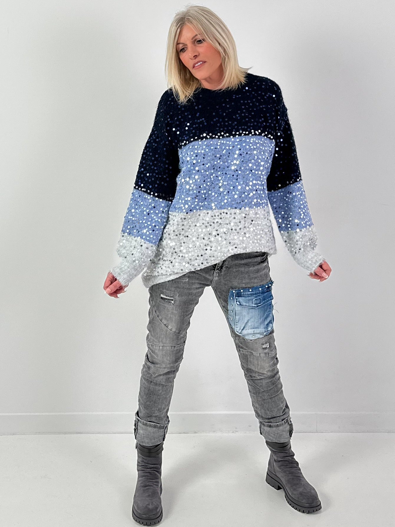 Long pullover model "Block Spark" - blue-multicolour