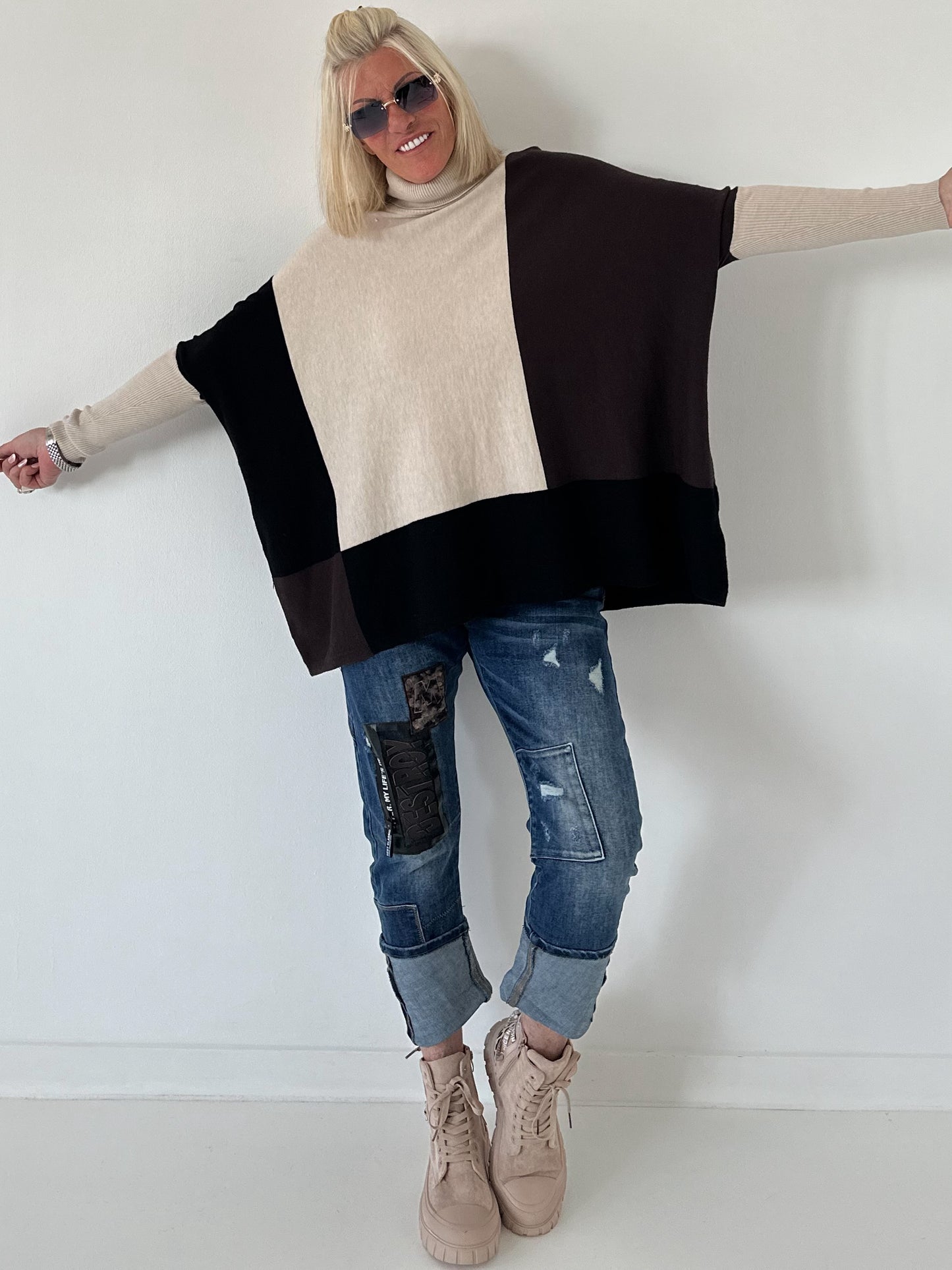 Oversized Feinstrickpullover mit Stulpenärmeln - beige-mokka-schwarz