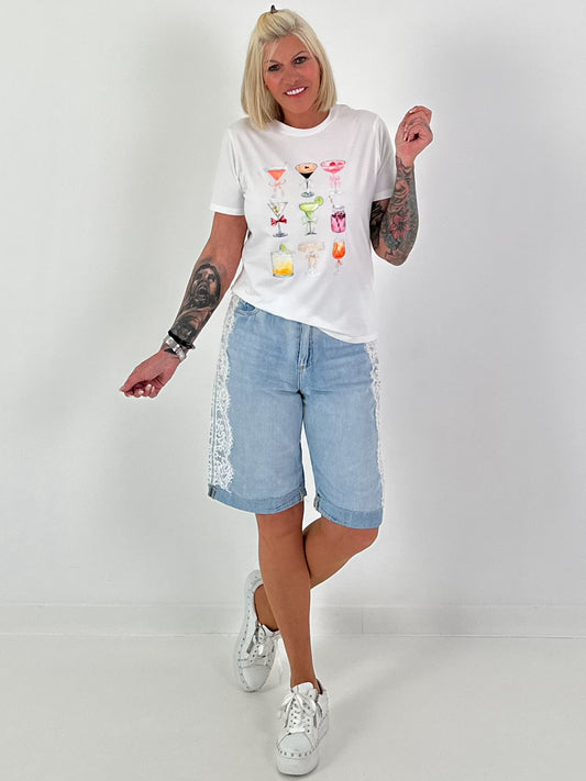 T-Shirt mit Cocktailprint - weiss