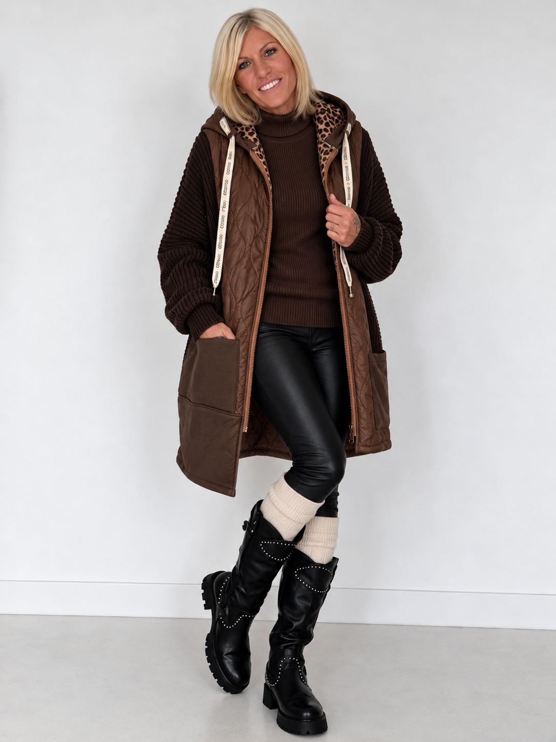 Oversized Jacke im Materialmix - mokka
