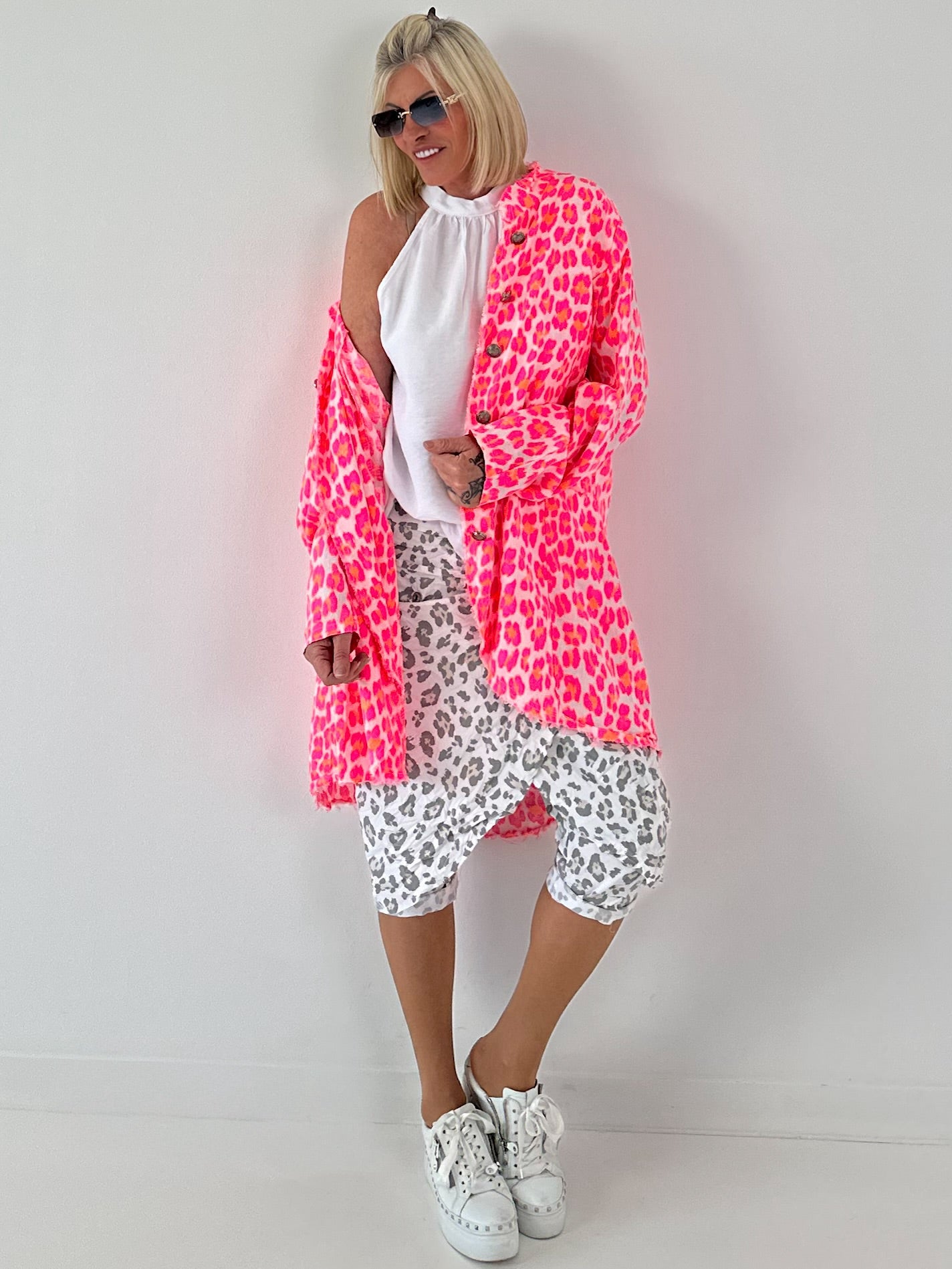 Oversized Leinen-Military Mantel Leo - weiss-neonpink-neonorange