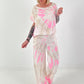 Short Linen Shirt with Tie-Dye Pattern - white-neon pink-beige