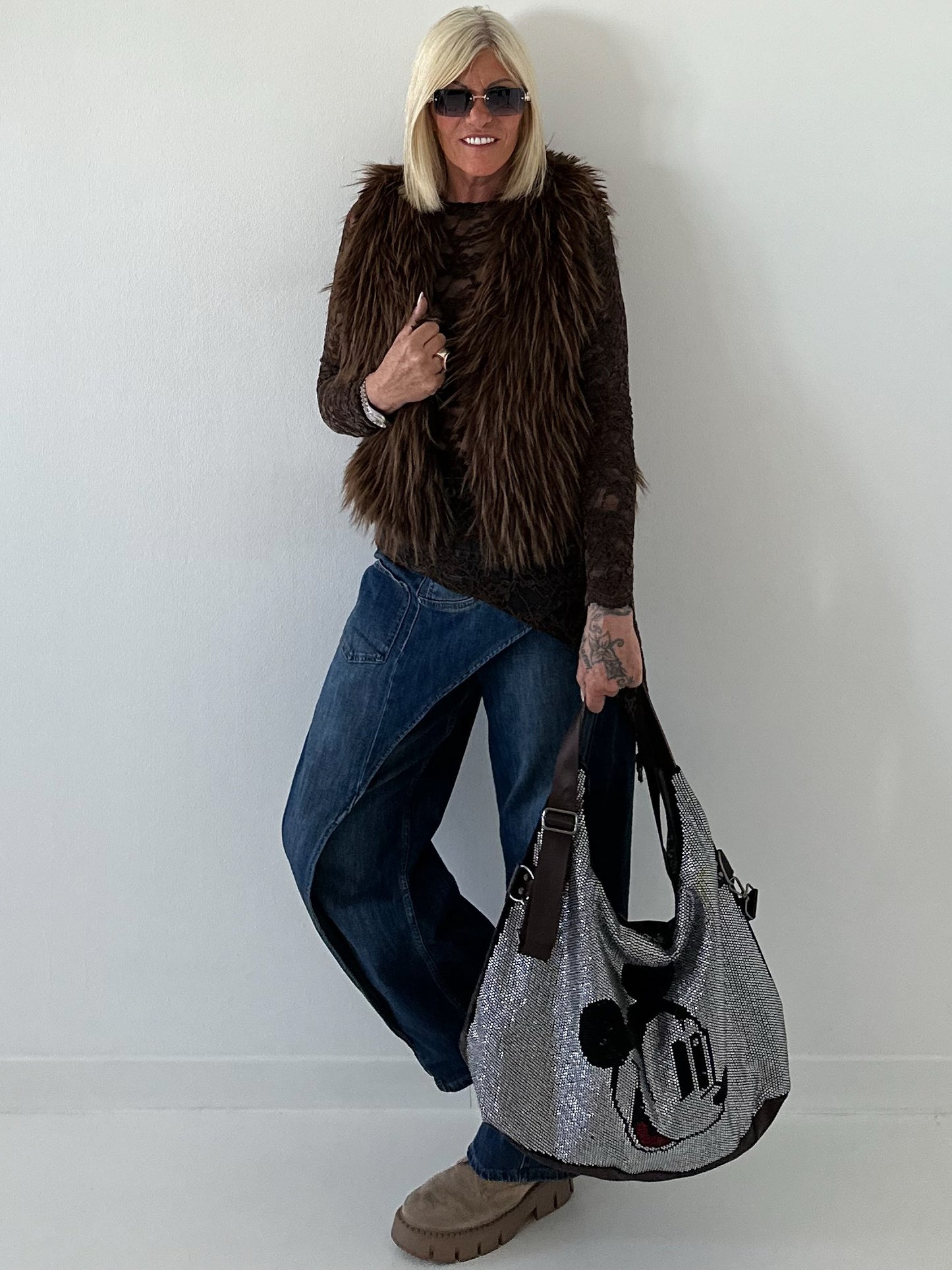 Stylische fake Fell Weste - mokka